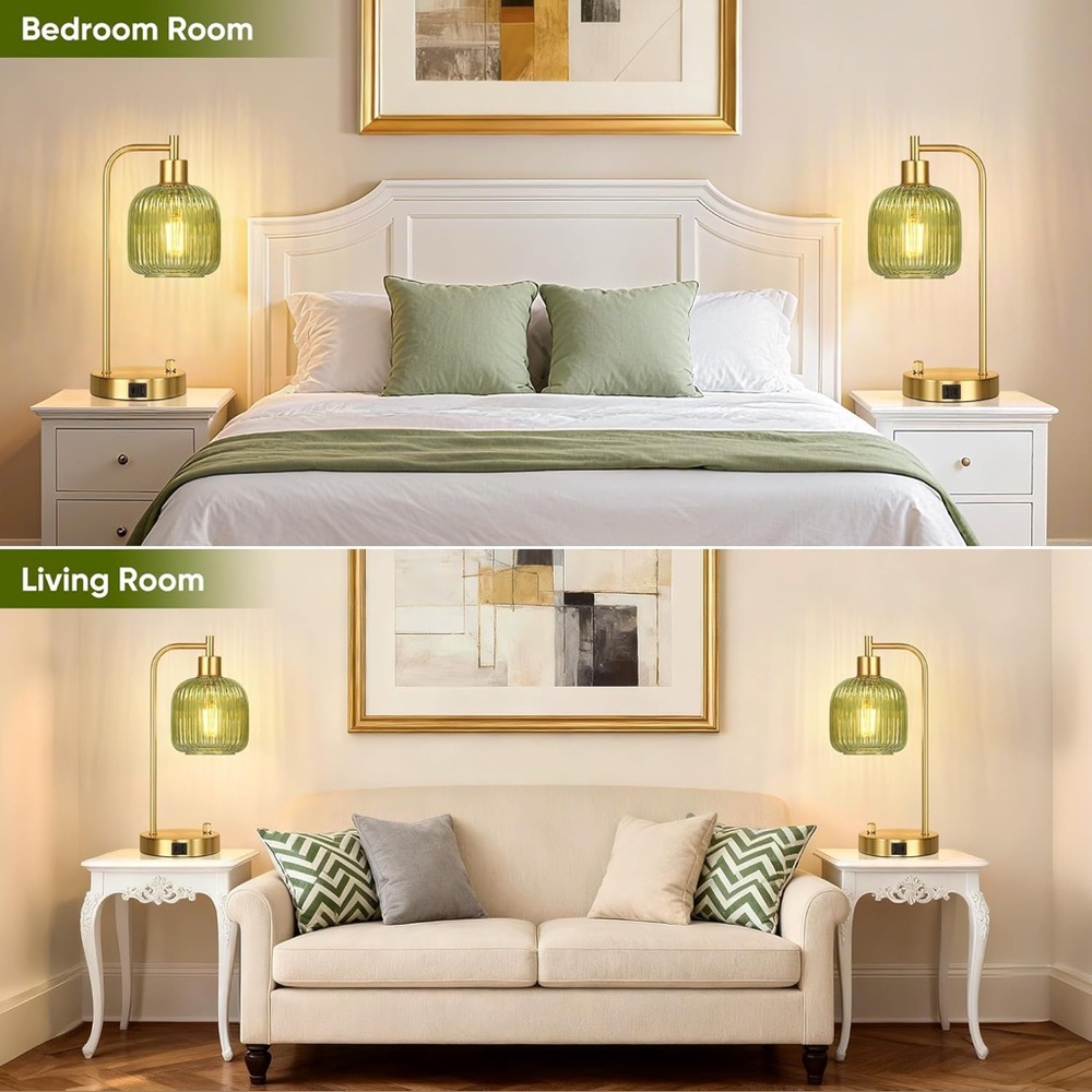 Set of 2 Gold Green Glass Table Lamps USB Dimmable Mid Century Modern New